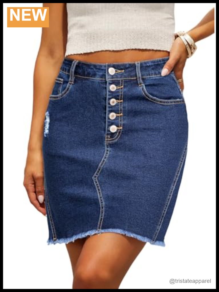 Stretchy Ripped Frayed High Waist Button Fly Denim Skirt Mini